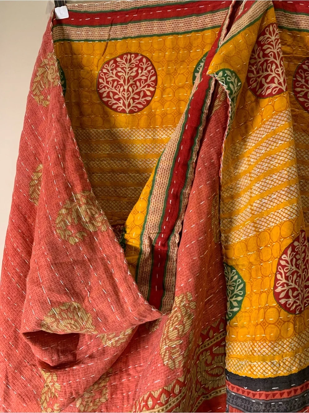 Handmade Kantha Quilt Twin Size Recycled Sari Cotton Mustard Red Green Grey